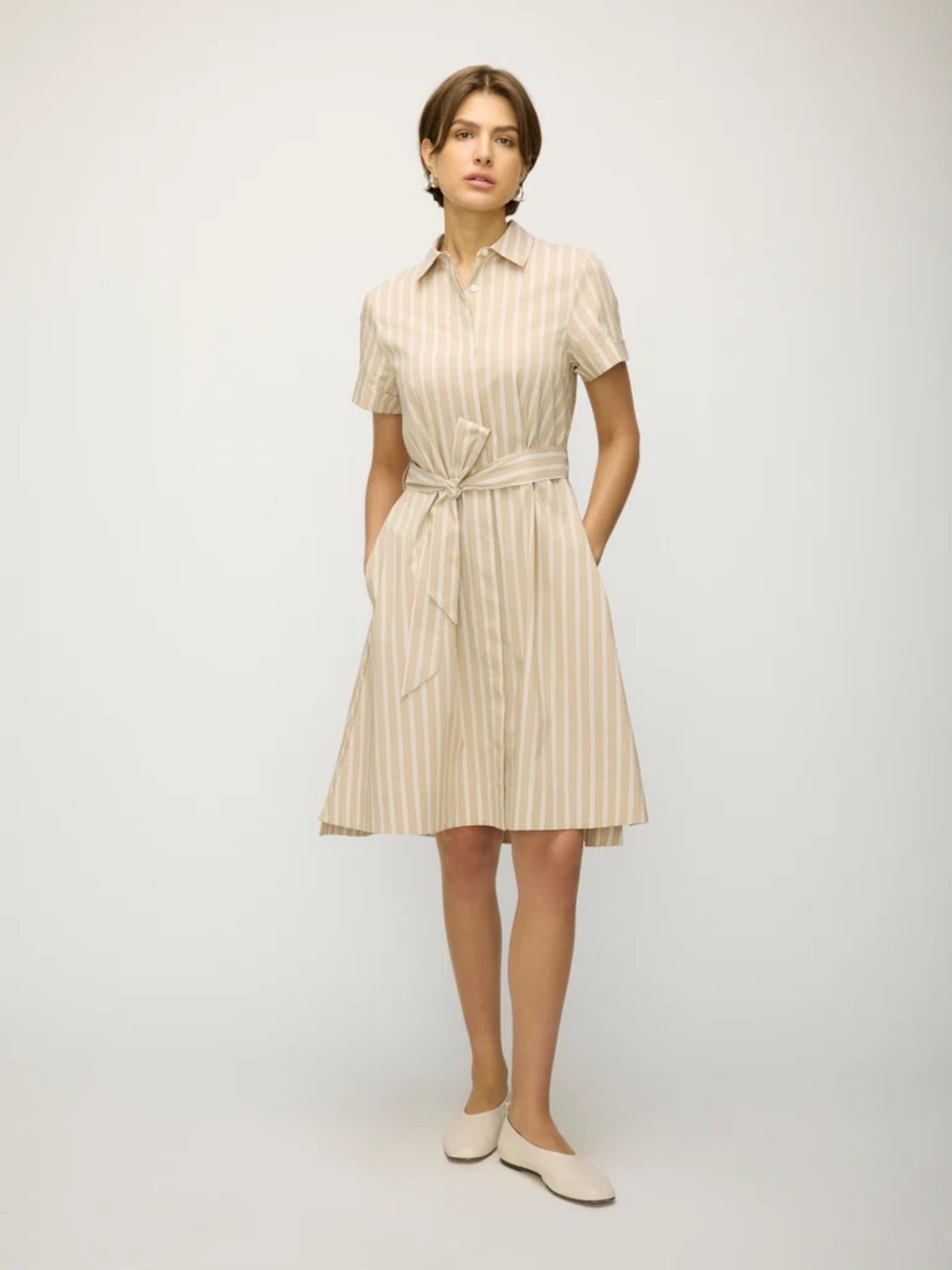 Kit and Ace Beige and White Striped Midi Shirt Dress with Belt - Picture 2 of 2